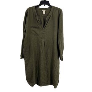 Sundance Linen Shirt Dress Green Long Sleeve V Neck Chest Pocket Size Large